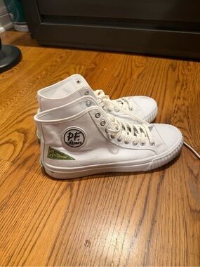 P.F. Flyers White High-Top Canvas Sneakers with Green Details